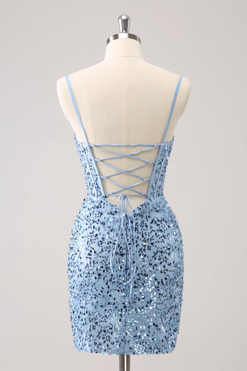 Sparkly Blue Tight Sequins Spaghetti Straps Cocktail Dress